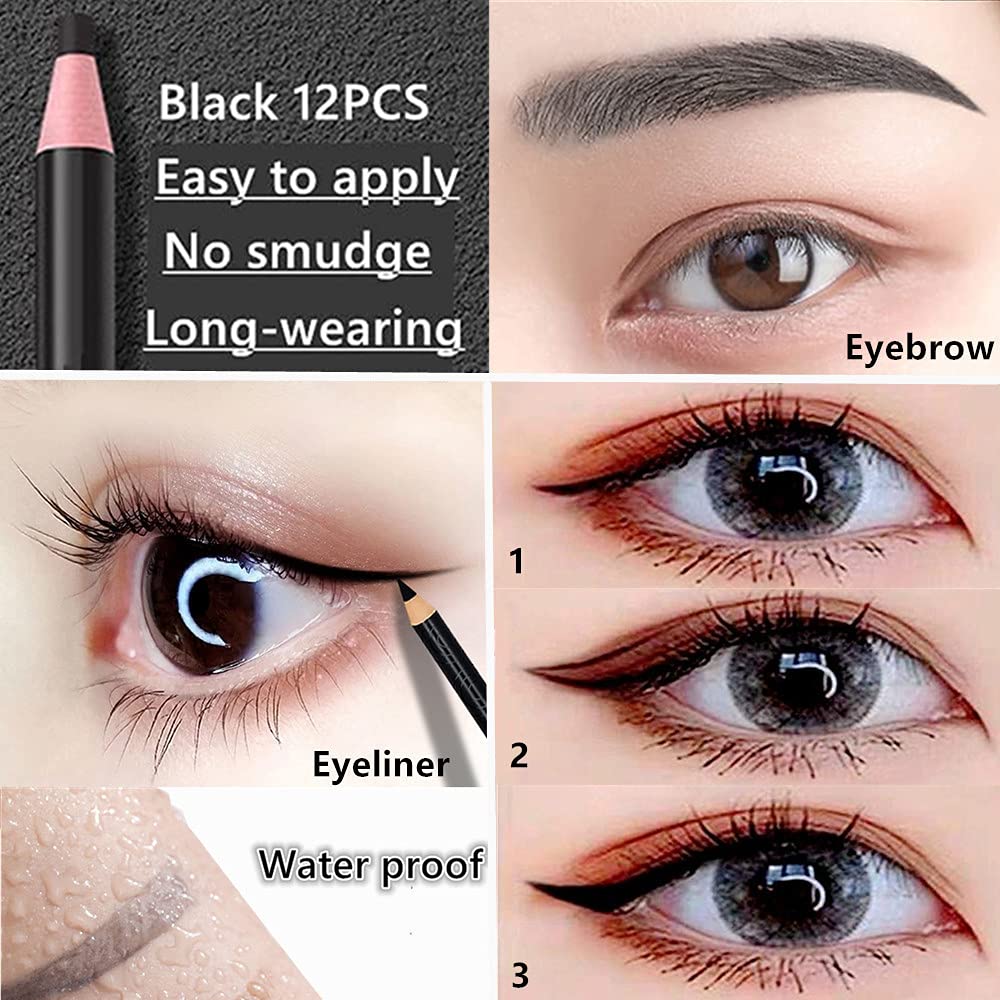 Go Ho 12 PCS Black Eyebrow Eyeliner Pencils,Sweatproof Eyebrow Pencil,Long-lasting Nice Color Eye Brow Gel Pen Makeup Brow Tint Sticks（Black）