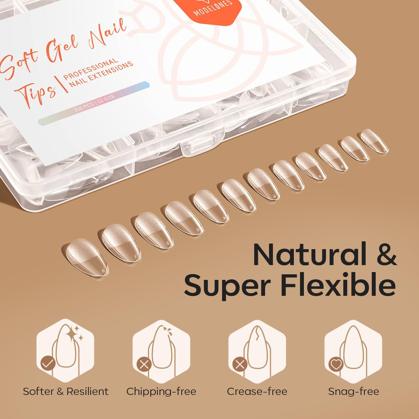 modelones Short Almond Nail Tips, Pre-shaped Soft Gel Tips Fake Nails False Acrylic Clear Full Cover Press on Extension Kit Gel Manicure DIY at Home 216PCS 12Sizes