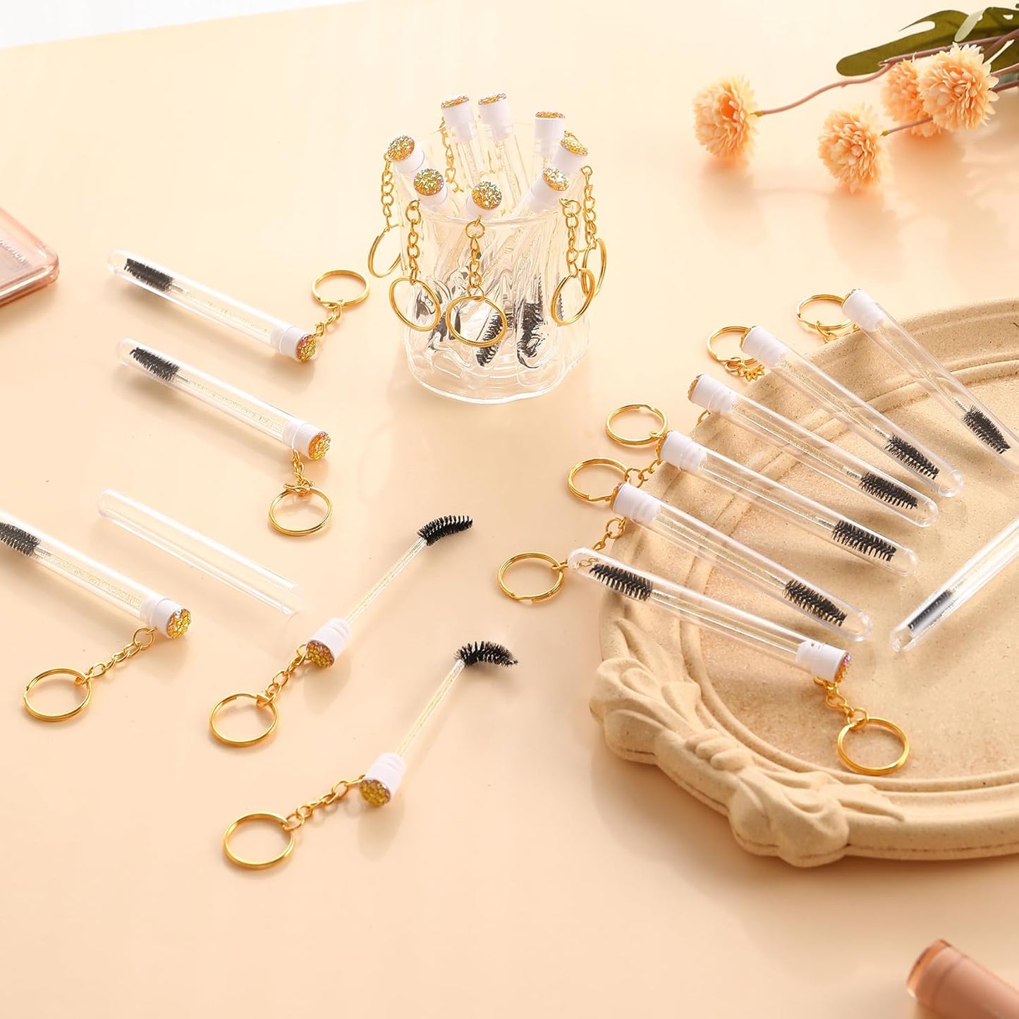Upgrade 48 Pieces Disposable Mascara Wands Set, Include 24 Pcs Crystal Lash Spoolies Brush and 24 Pcs Reusable Keychain Empty Eyelash Brush Tubes (Gold)