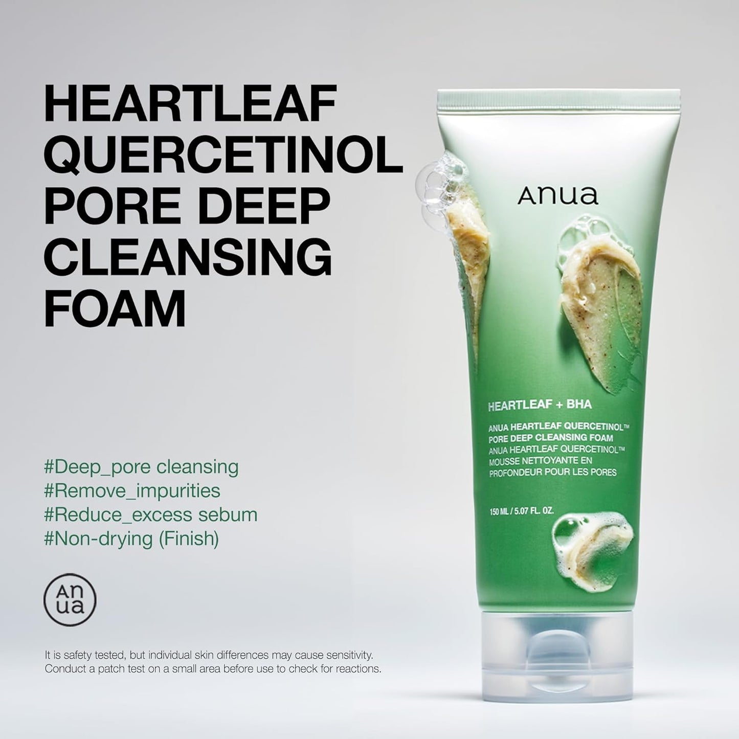ANUA Heartleaf Quercetinol Pore Deep Cleansing Foam, Facial Cleanser, for Double Cleansing, BHA, Hyaluronic Acid, Glycerin, Face Wash, Blackhead Remover, Korean Skincare (150ml/5.07 fl.oz.)