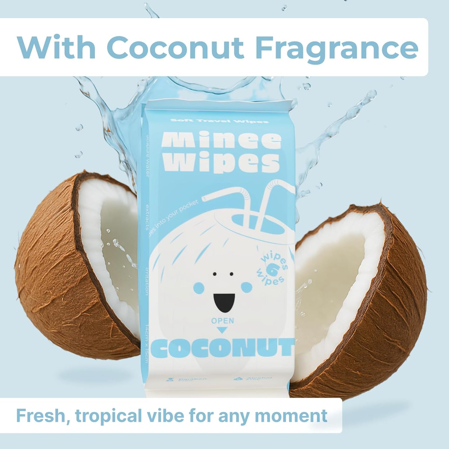 Impossibly Compact Travel Wipes with Fragrance - Skin-Friendly, Hypoallergenic & Scented Wet Wipes for Adults, Kids & Baby Care (60 Wipes Total, Coconut)