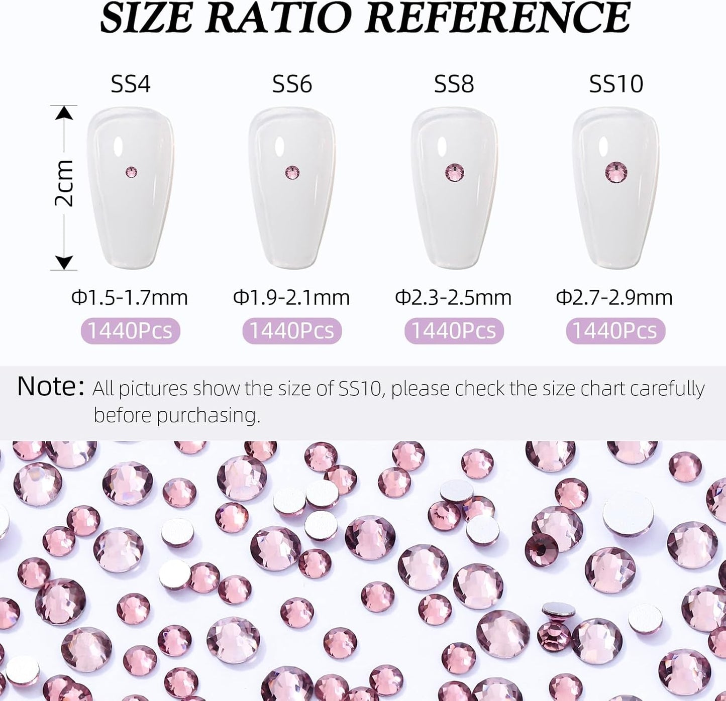 Light Amethyst Flatback Rhinestones, Glass Rhinestones for Nail Art and Craft, Glue Fix, Loose Crystal Gemstones(Lt.Amethyst, SS10, 1440pcs, 2.7-2.8mm)