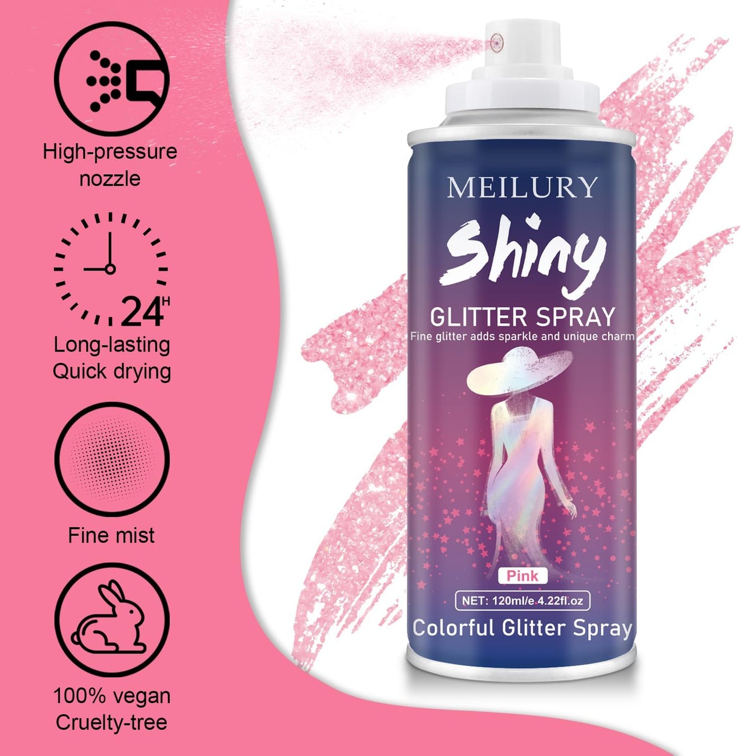 Hair and Body Glitter Spray, Holographic Glitter Highlighter Powder, Hairspray for Clothes, Face Body Shiny Glitter, Loose Shimmer Hairspray Festival Rave Prom Accessories, 4.22 Fl Oz (Pink)