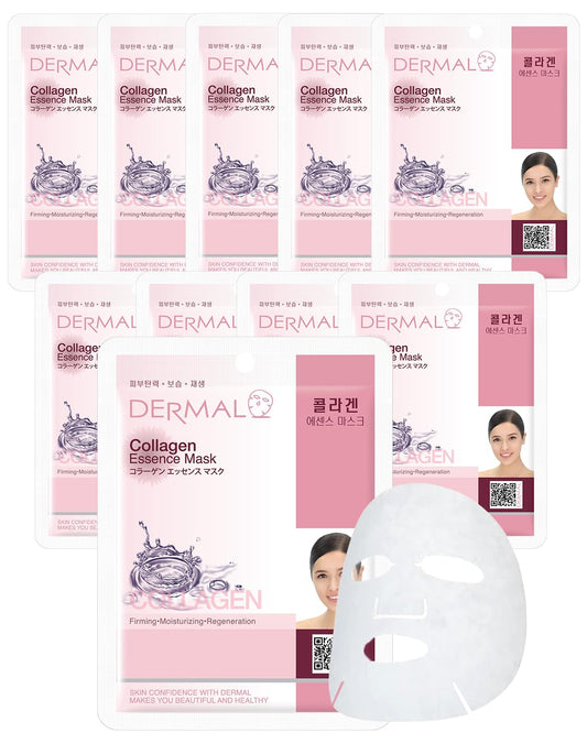 DERMAL Collagen Essence Facial Mask Sheet 23g Pack of 10 - Moisturizing & Firming, Anti Wrinkle, For Healthy Dewy Skin, Daily Skin Treatment Solution Sheet Mask