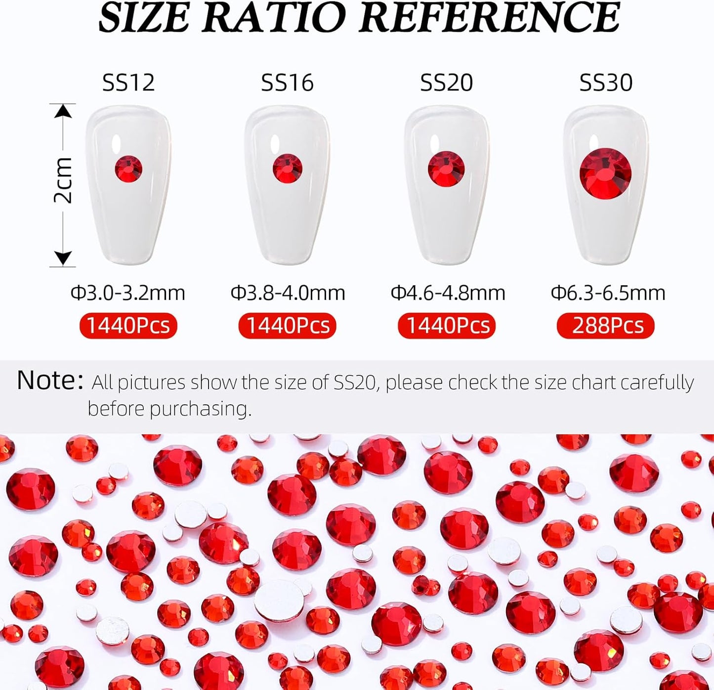 Light Siam Flatback Rhinestones, Glass Rhinestones for Nail Art and Craft, Glue Fix, Loose Crystal Gemstones(Red, SS12, 1440pcs, 2.9-3.0mm)