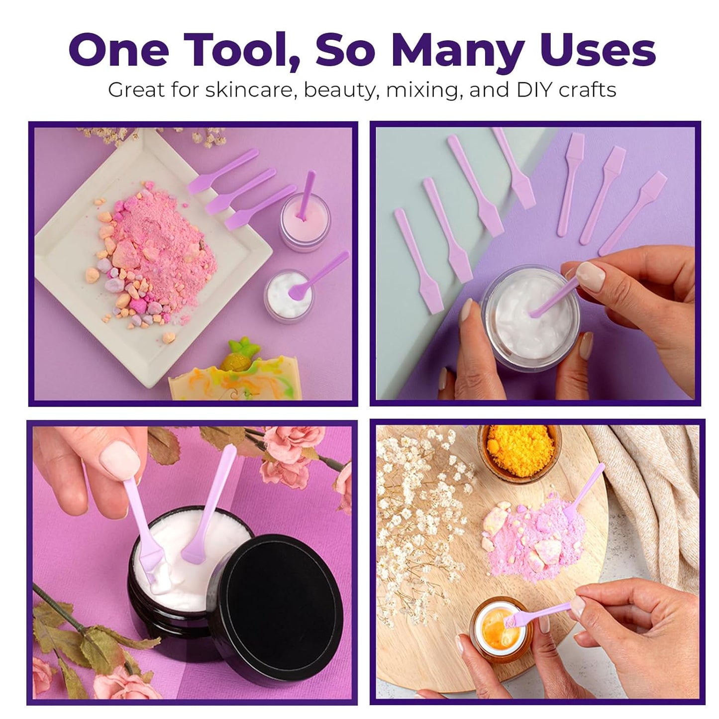 Mini Face Spatula (2.5", 100 Pack) - Small Foundation Spatula for Skincare, Creams, & Crafts | Plastic Face Lotion Applicator Tool for Mixing, Cosmetic, Face Mask | Purple