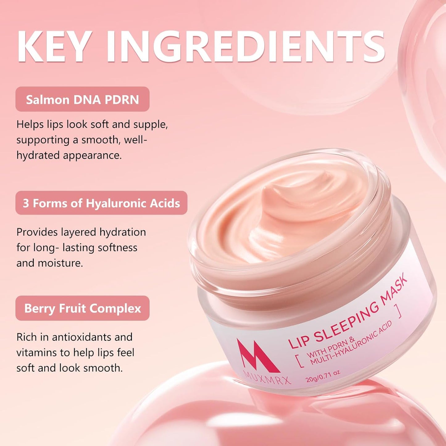 PDRN Lip Sleeping Mask, Salmon PDRN, 3 Hyaluronic Acid, Coconut Oil & Antioxidants, Softer Lips, Long-lasting Moisture, Lip Mask Overnight for Exfoliating & Dry Lips, Korean Skincare 0.71oz