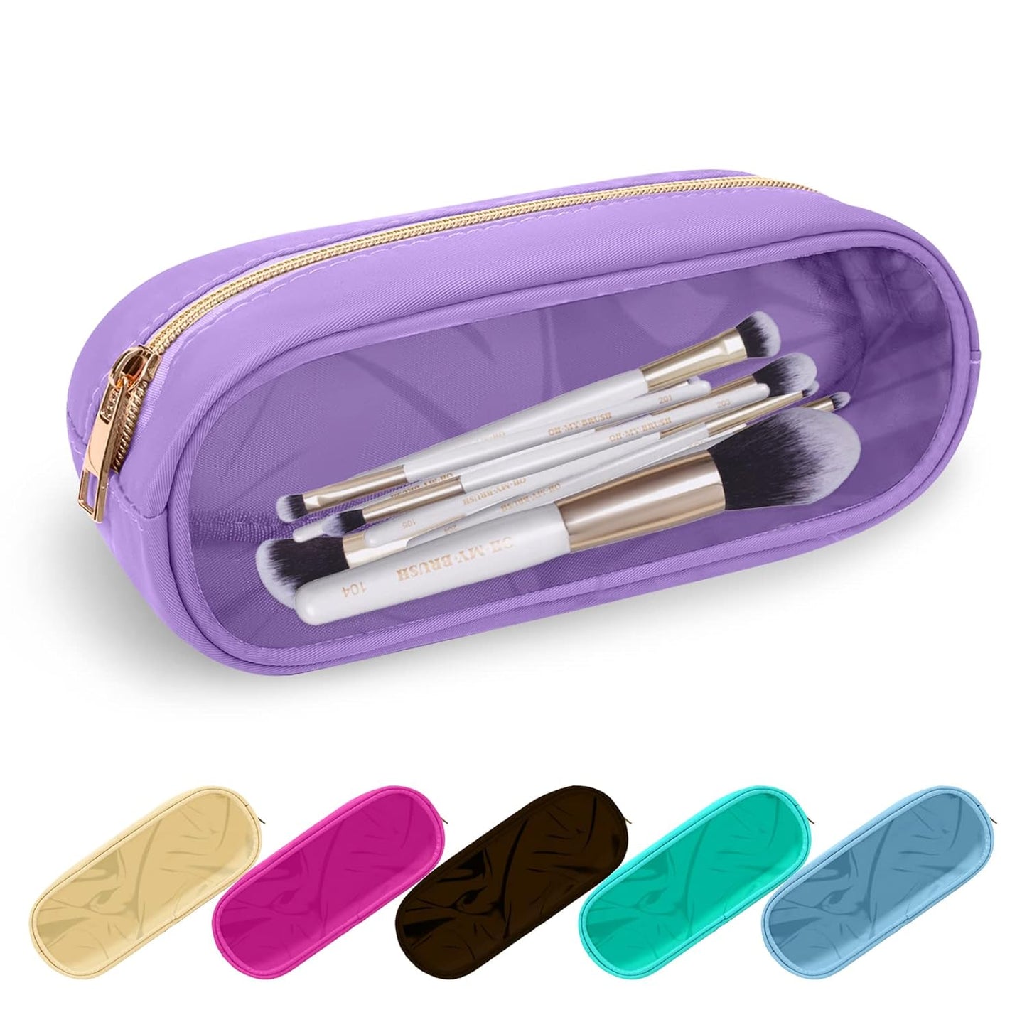 Clear Small Pencil Pouch Makeup Bag for Purse,Nylon&PVC Pencil Case Waterproof Makeup Brush Holder with Zipper,Preppy Transparent Pen Bag Travel Cosmetic Bag for Women Men Office(Slim-Purple)