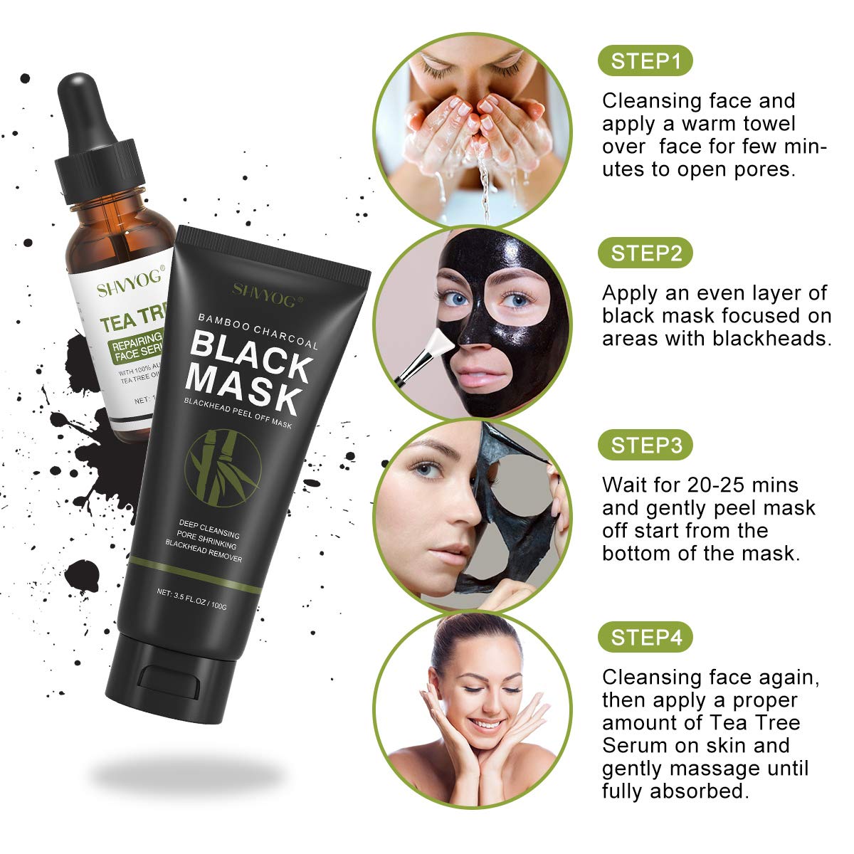 SHVYOG Blackhead Peel Off Face Mask, 3-in-1 Blackhead Remover Mask with Brush & Tea Tree Oil Serum, Charcoal Mask for Deep Cleansing Dirts, Pores, Skin Oil (100g+30ml)