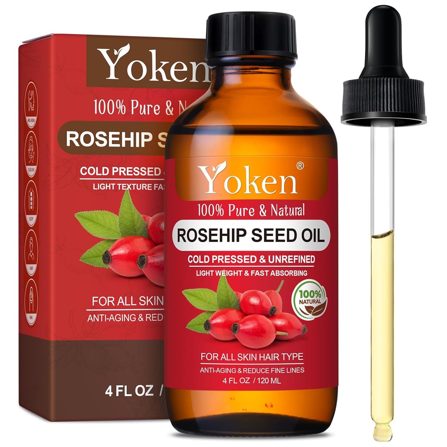 Yoken Rosehip Seed Oil For Face,100% Pure Rosehip oils For Skin,Scars,Hair & Nails.4 fl Oz Cold Pressed Rose Hips Oil For Skin Care, Anti-Aging, Scar Treatment, GUA SHA Massage DIY (4 Fl Oz)