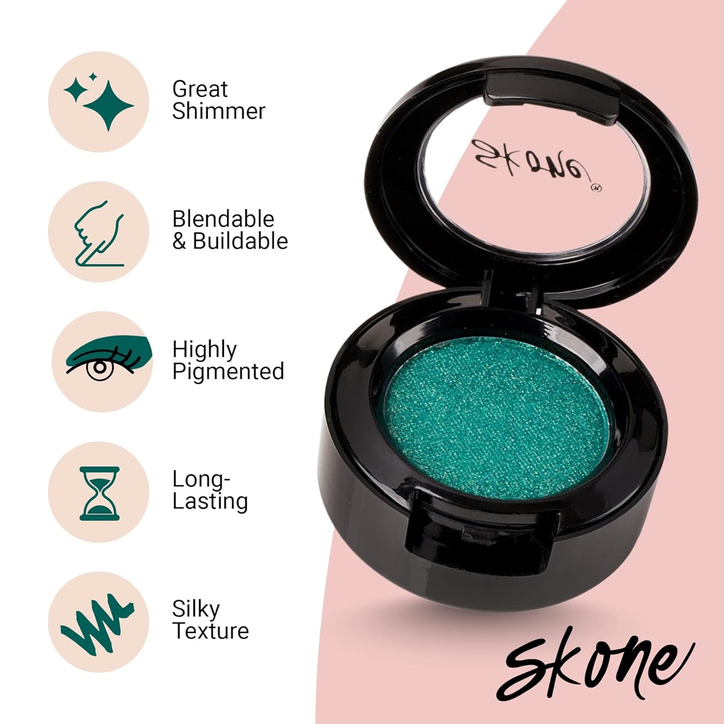 Skone Cosmetics Gems Eye Shadow, Highly Pigmented, Longwear Eye Makeup, Single Eyeshadow with Pro Shimmery Finish - Ultra-Blendable, Slightly Shimmer Shades - Green Eyeshadow - Romance