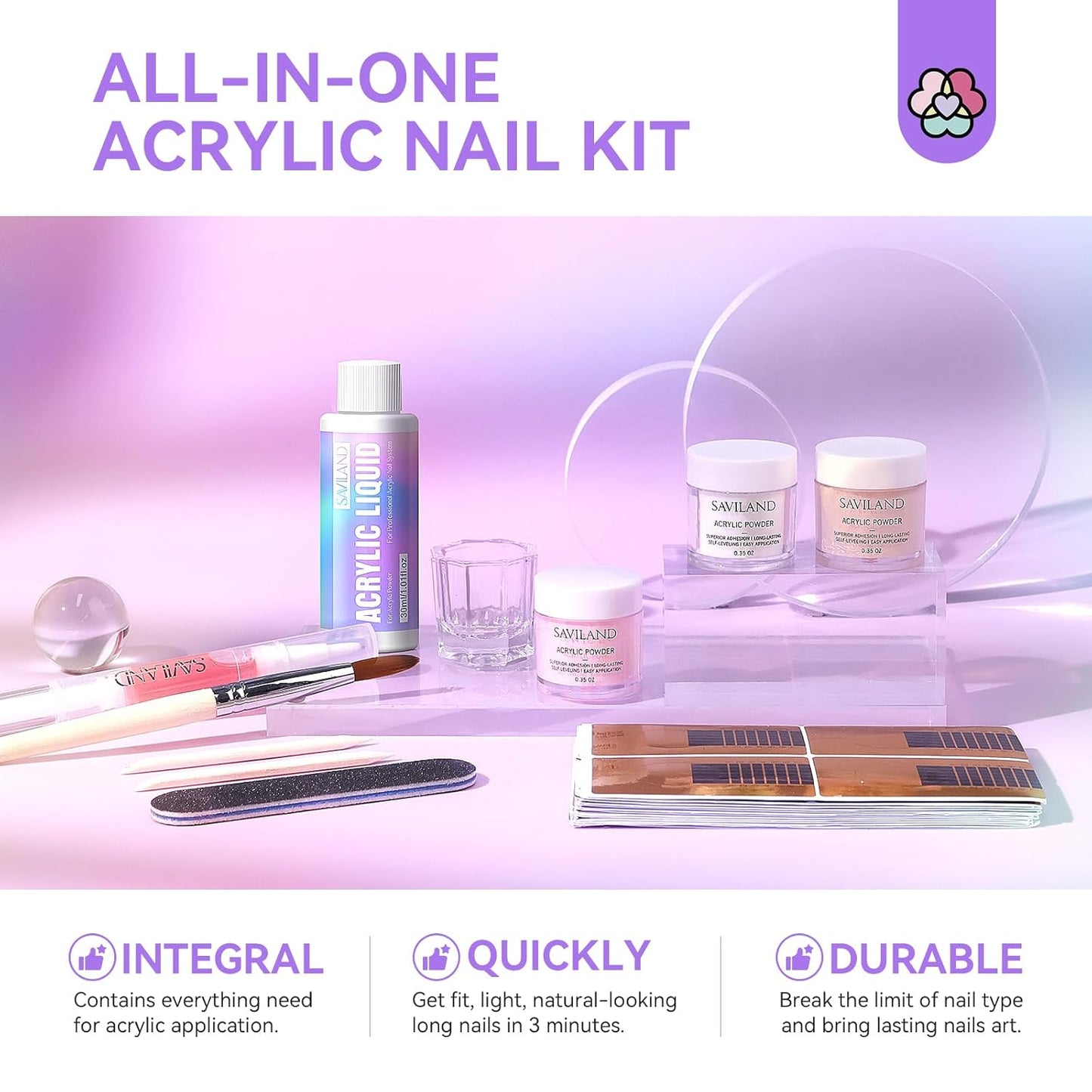 SAVILAND Essentials Acrylic Nail Kit for Beginners: Clear Nudes Pink Acrylic Powder and Liquid Set with #12 Acrylic Nail Brush Cuticle Oil Pen Forms Tools Extension Nail Kit with Everything Home DIY