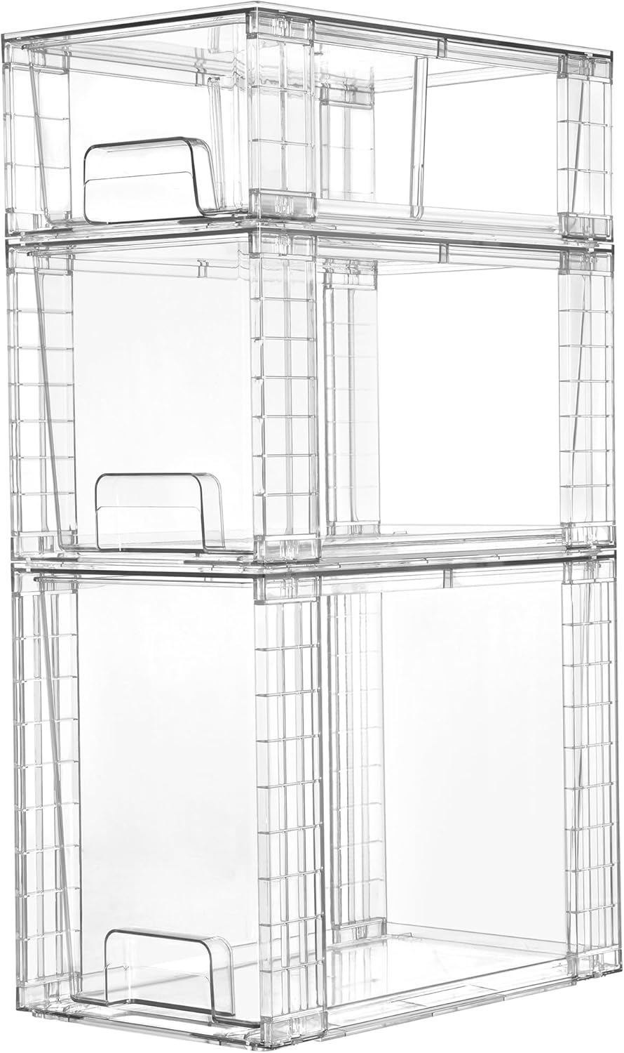 Vtopmart 3 Pack Clear Stackable Storage Drawers,Easy to Assemble Bathroom Organizers and Storage with handles,Plastic Drawers for Kitchen Pantry,Cabinet,Under Sink Organization