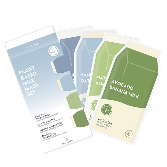 ESW Beauty Plant-Based Milk Face Masks - 4-Pack Skincare Set - Hydrating, Radiance, Firming & Soothing with Avocado, Matcha, Blueberry, Vanilla & Oat Extracts for All Skin Types