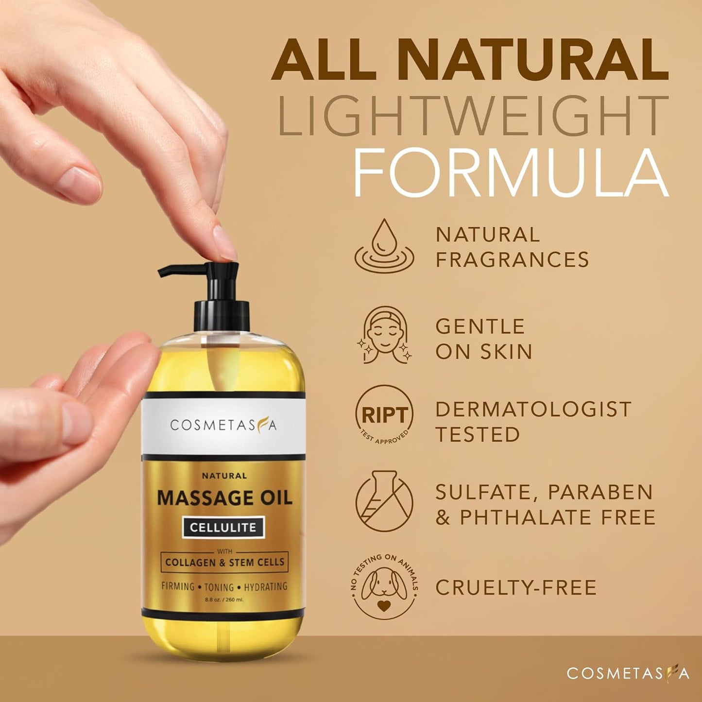 Cellulite Massage Oil with Collagen & Stem Cells- 100% Natural Anti Cellulite Oil, Assists with Firming, Toning & Moisturizes Skin 8.8 oz. by Cosmetasa