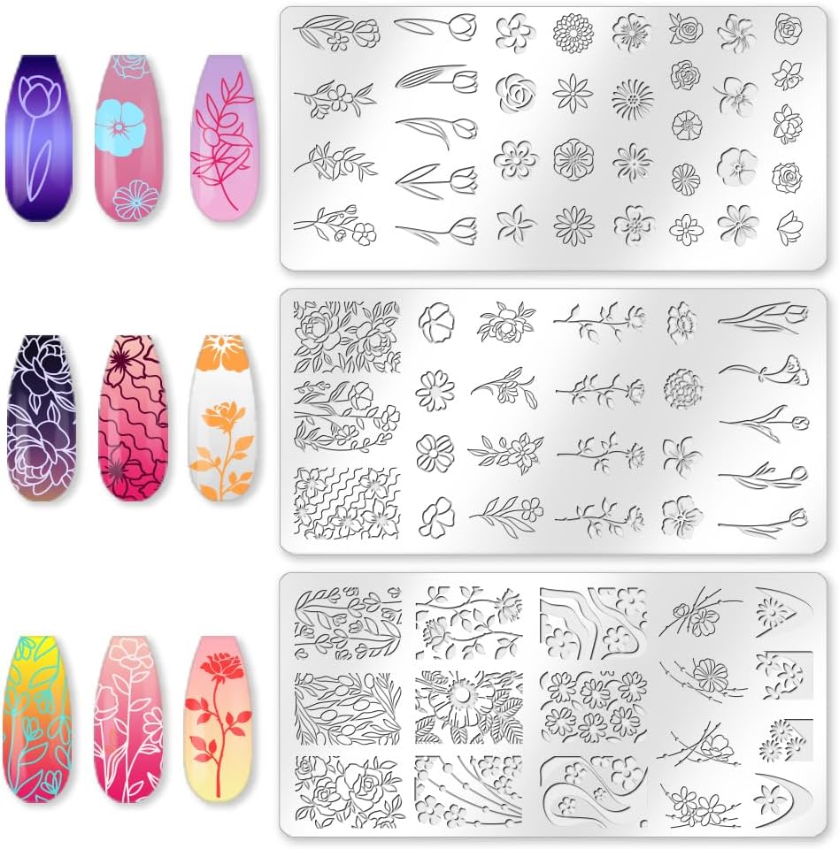 3Pcs Flower Nail Stamping Plate Set Tulips Roses Stainless Floral Steel Nail Stamp Templates Clear Silicone Nails Stamping with Stamper Scraper for Manicure Printing