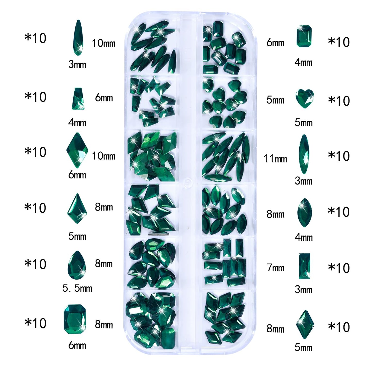 HNUIX Nail Rhinestones - 3D Multi Shape Size, Emerald Green Nail Gems, Flat Back, with Kit, for Nail Art, DIY Decorations