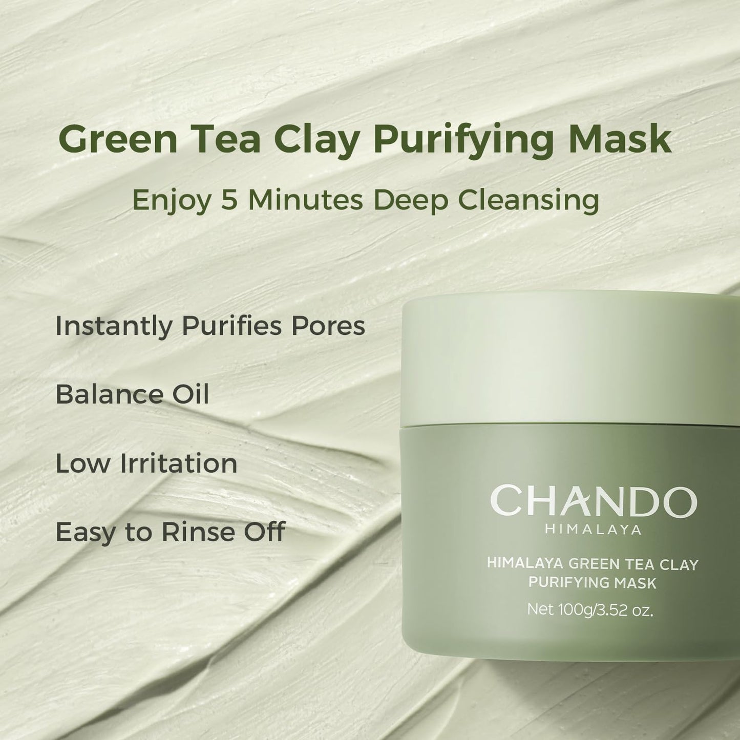 Purifying Green Tea Mask, Natural Facial Clay Mask Deep Pore Cleansing with Green Tea Extract and Portulaca Extract, for Clogged Pores, Detoxifies & Balance Oil, 3.52 fl.oz
