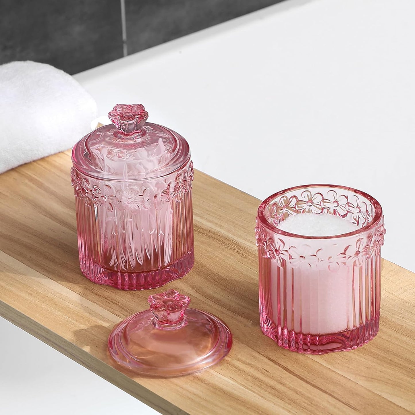 rejomiik 2 Pack Qtip Holder Glass Apothecary Jars with Lids Set Bathroom Canisters Dispenser Organizers and Storage for Cotton Swabs, Balls, Pads, Floss Picks, Candy, Pink