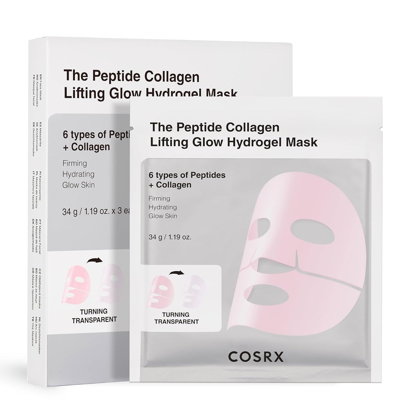 COSRX The Peptide Collagen Lifting Glow Hydrogel Face Masks Skincare 3 EA, Collagen Face Mask, Travel Essentials, Overnight Face Mask, Korean SkinCare