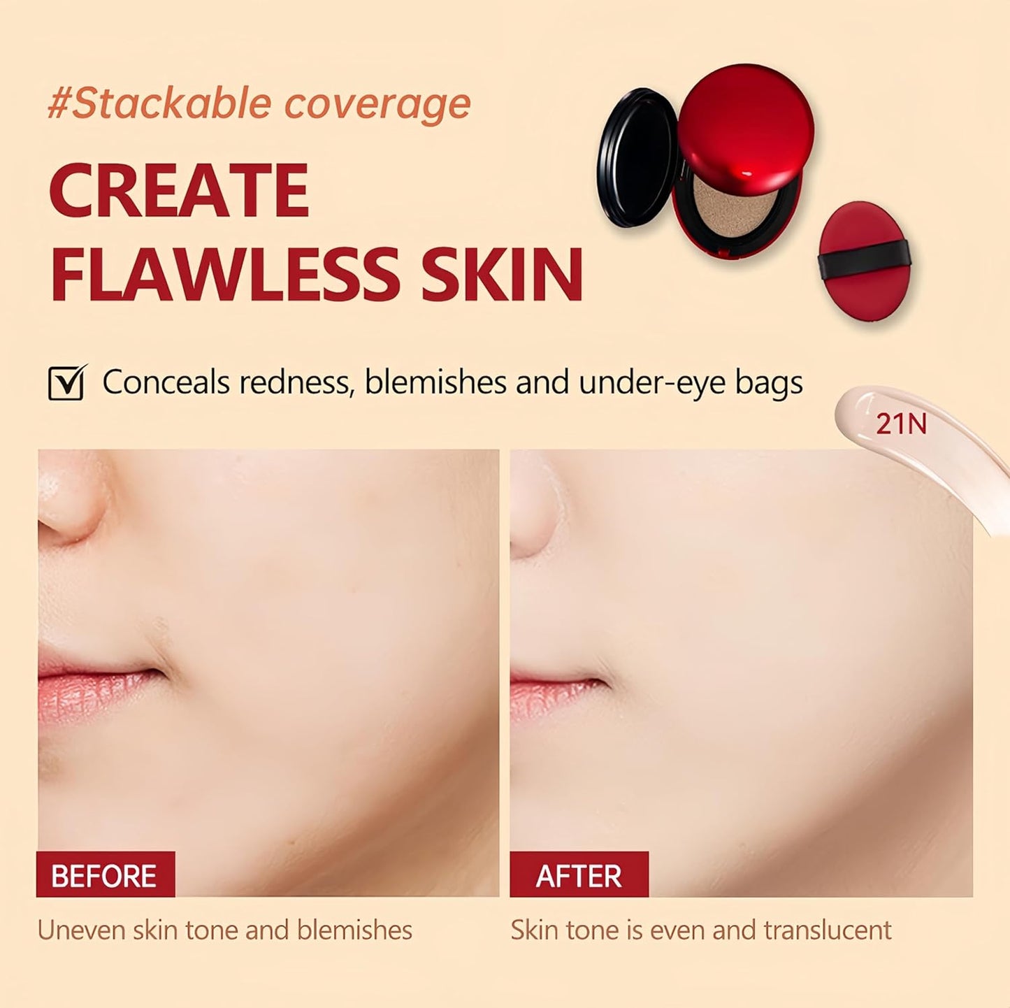 MAEPEOR Cushion Foundation 9 Colors Full Coverage Weightless Satin Glow Foundation Hydrating Long-Lasting Cushion BB Cream (Color 08)