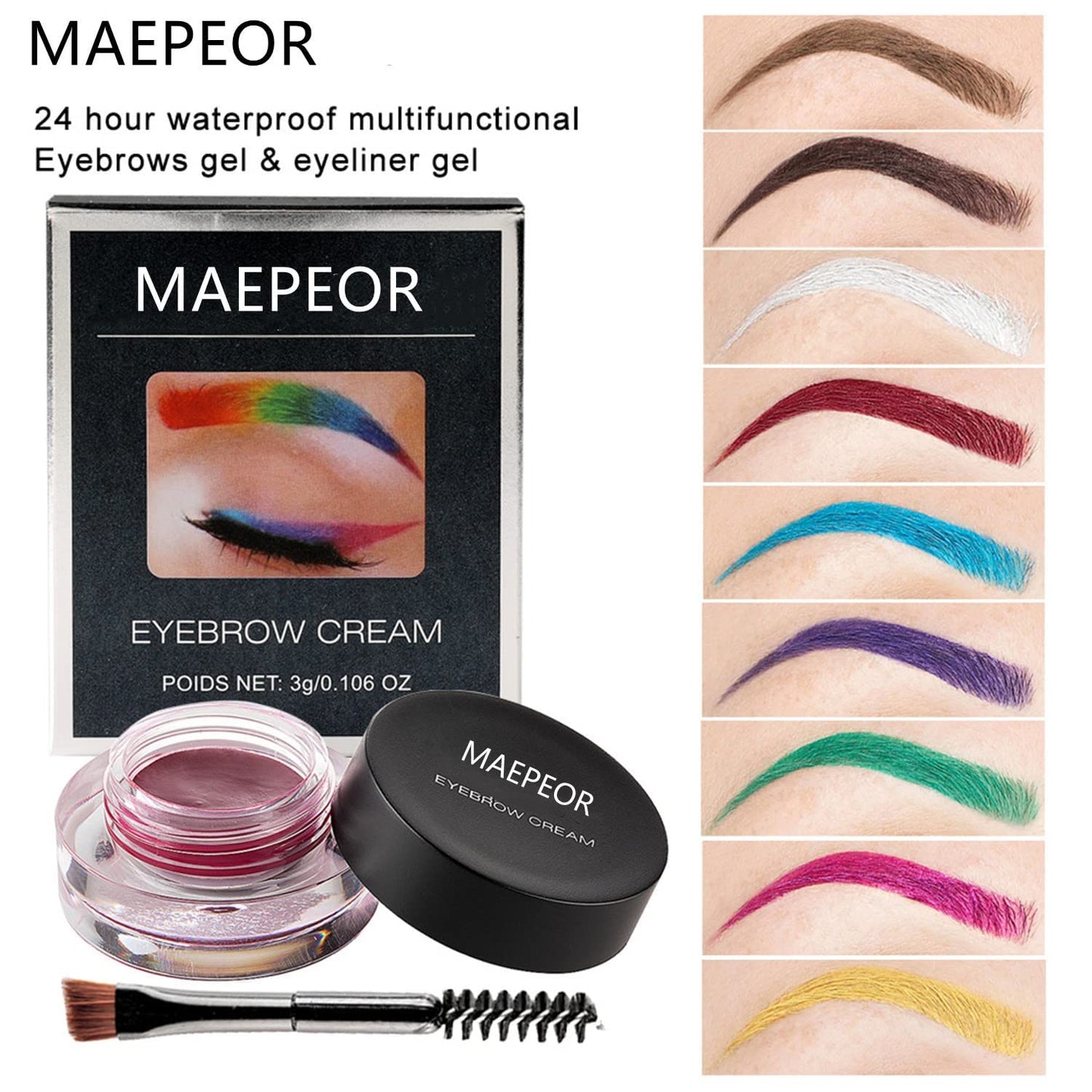MAEPEOR 12 Colors Eyebrow Pomade Full-pigmented Long Lasting Waterproof Cream Gel Filling & Shaping Tinted Eyebrows Enhancers with Brush for Daily or Cosplay (09 Wine)