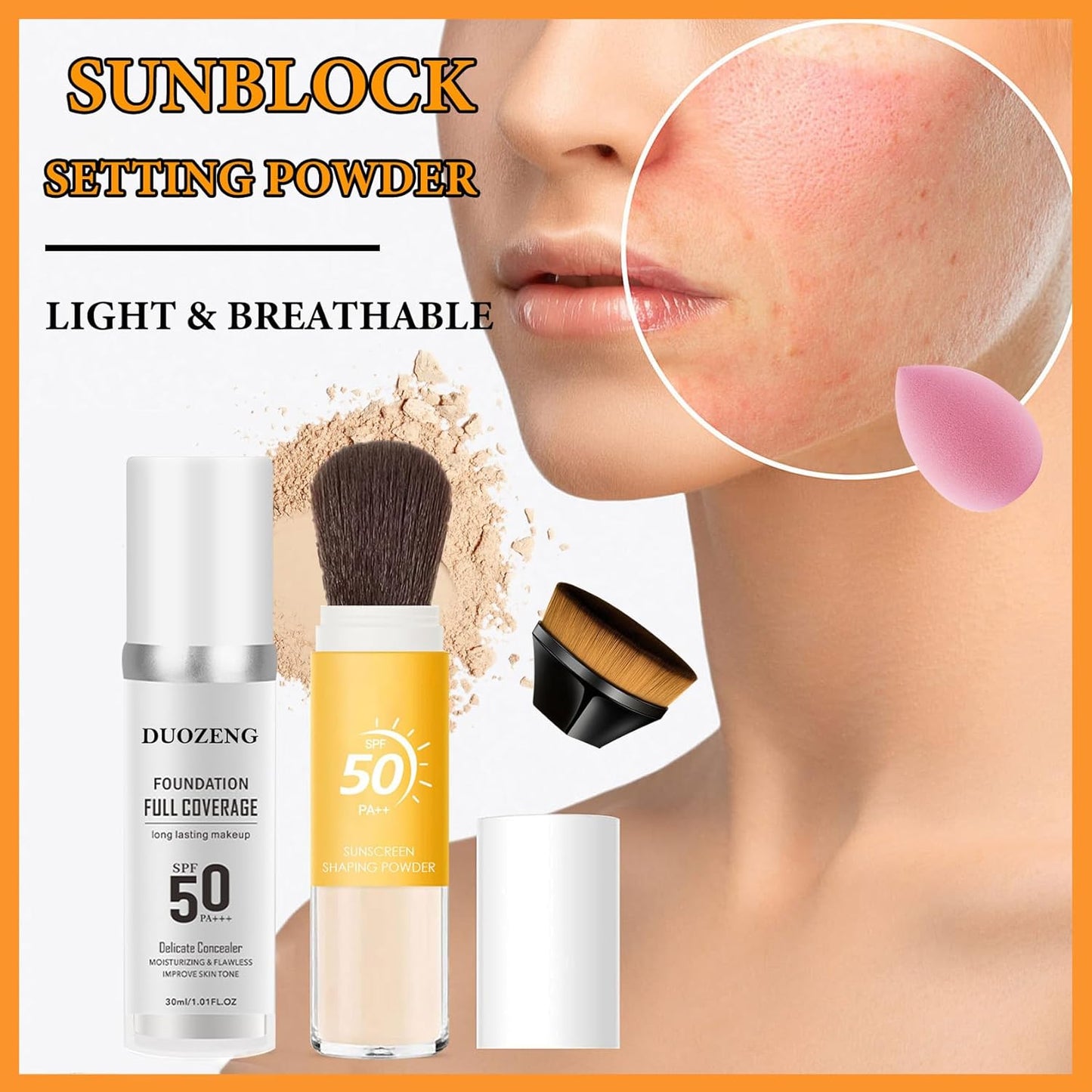 Sunscreen Setting Powder,Warm Change Foundation,Brush Setting Makeup SPF 50 PA++ for All Skin,Moisturizing Loose Face Powder with Sunscreen Brush