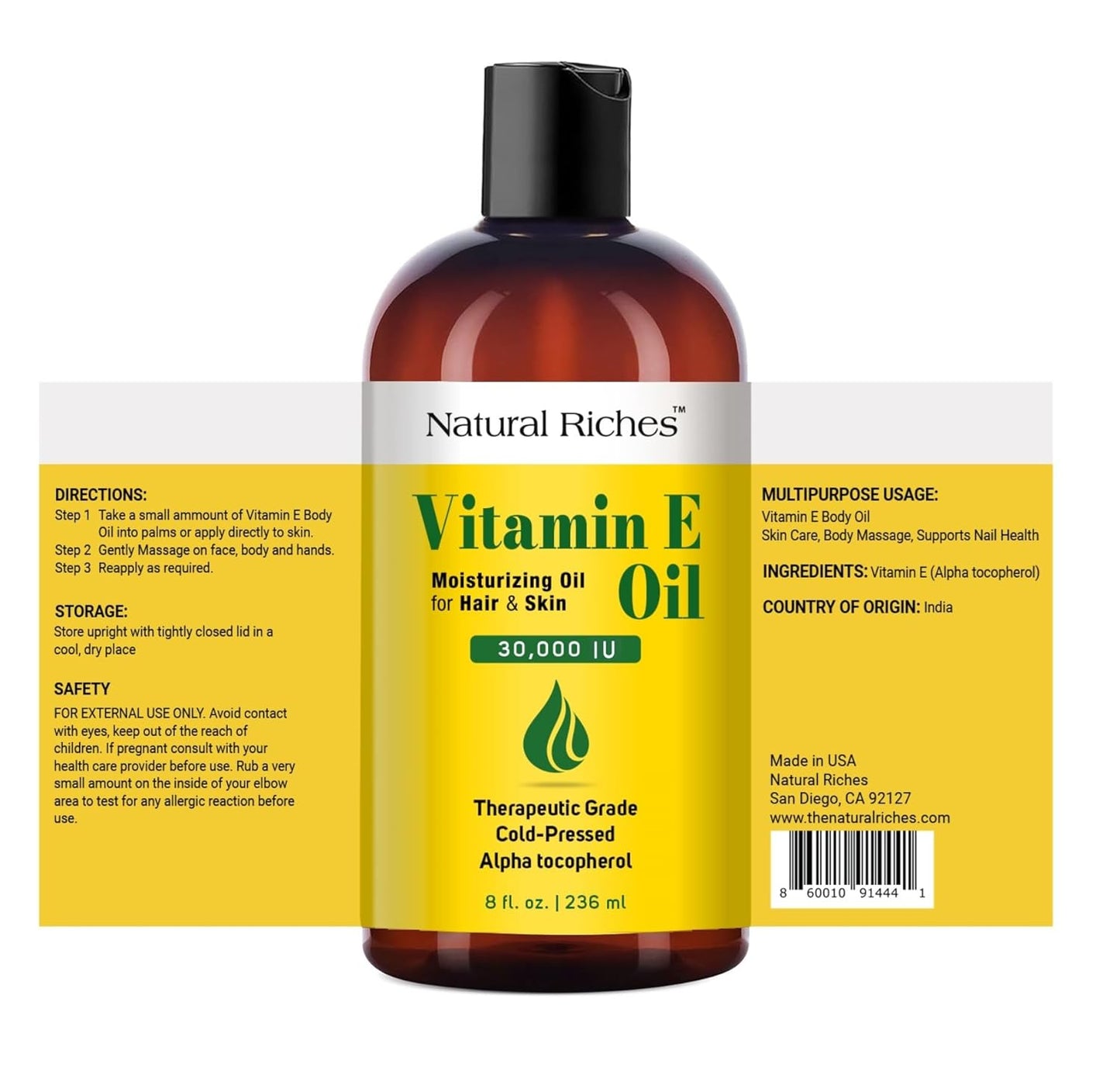 Natural Riches Vitamin E Oil | 100% Pure and Natural Cold Pressed Vitamin E oil for Skin, Scars, Face, Nails, Hair, Scalp 30,000 IU Non-GMO Verified Hair & Body Oil :8 Fl Oz