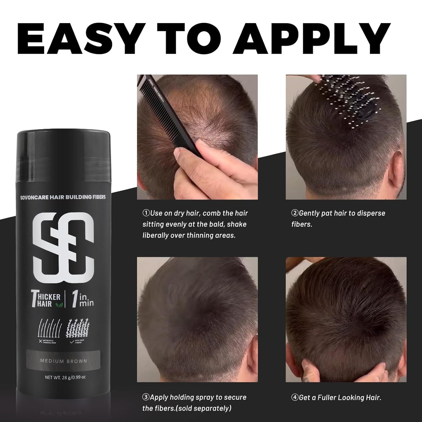 SOVONCARE Hair Fibers for Thinning Hair Medium Brown, Hair Building Fibers for Bald Spots Undetectable & Natural, Conceals Hair Loss Fill In Fine Hair Powder Hair Thicker Instantly for Women & Men 28g