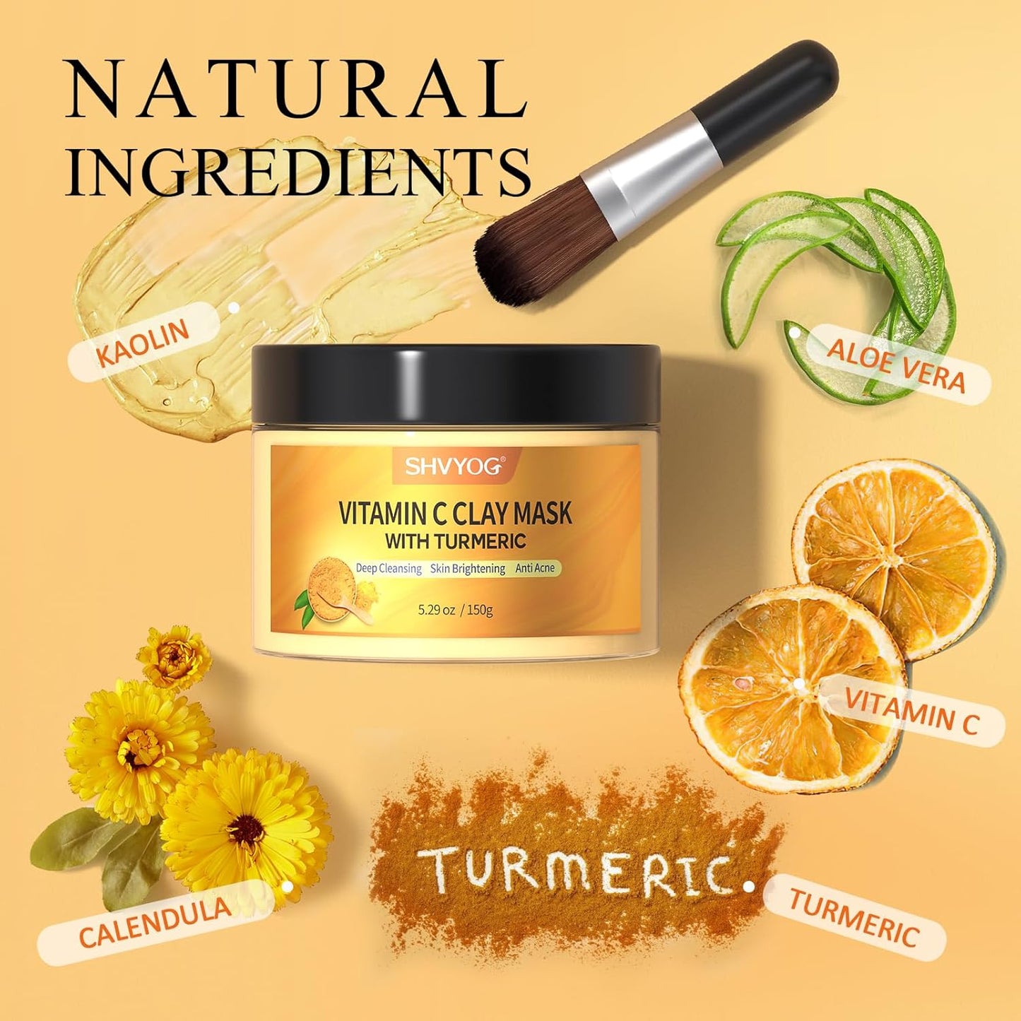 Vitamin C Face Mask with Kaolin Clay and Turmeric for Dark Spots, Dull Skin, Skincare Facial Mask for Controlling Oil and Refining Pores 5.29 Oz