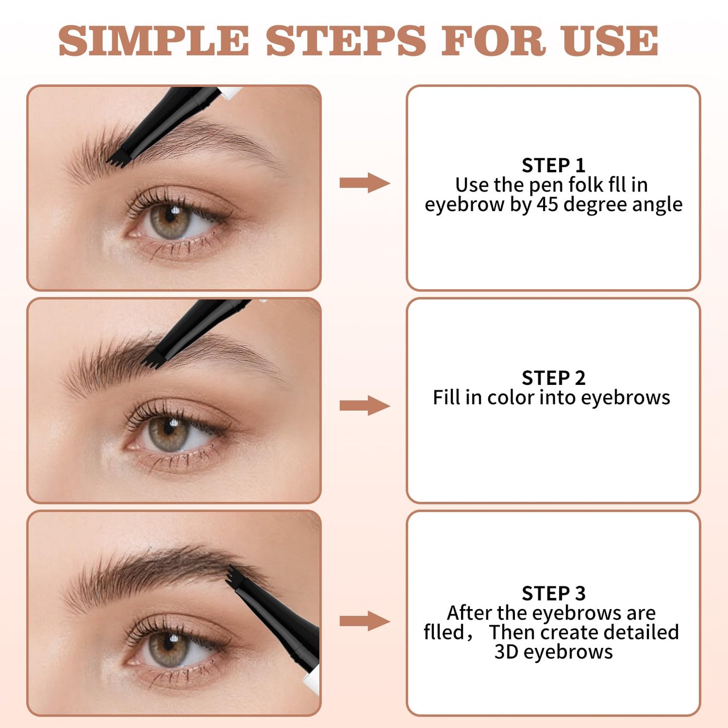 Eyebrow Pen, Waterproof Microblading Eyebrow Pencil, 4 Tip Precise Eye Brow Makeup Pen for Women to Effortlessly Create Hair Like Natural Brows, Non Dry Out and Last All Day (Black Color)