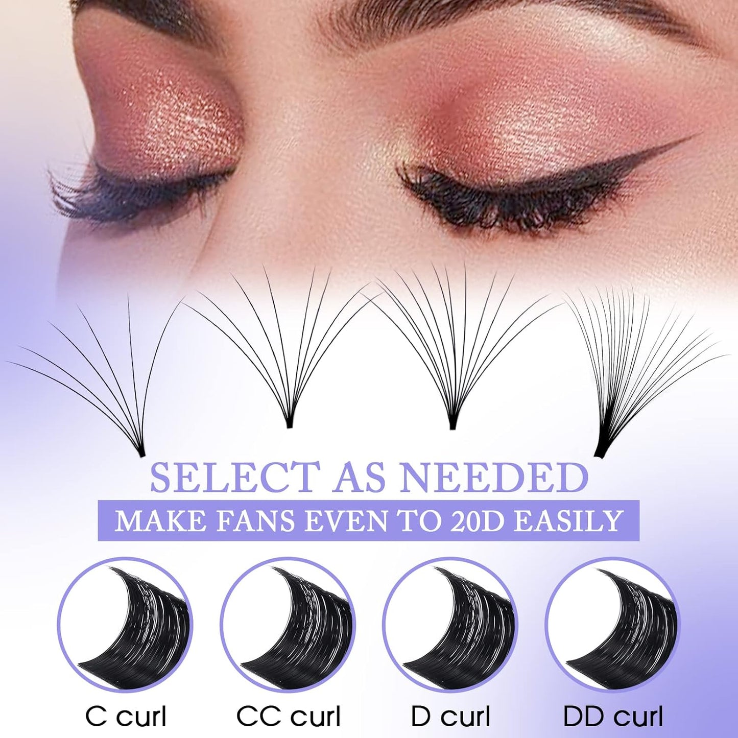 Easy Fan Volume for Lash Artists: 3D-10D Handmade Fans, Self Fanning, Blooming, Black, D Curl, 0.03mm, 14-20mm Mixed, Wendy, KH220113