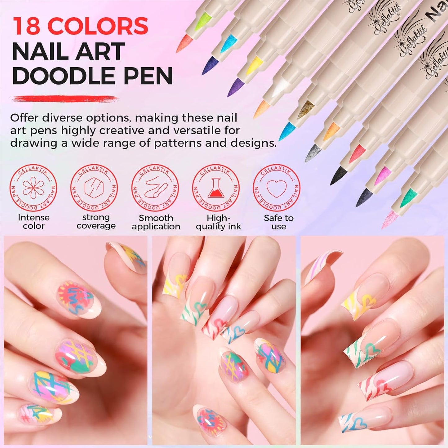6 Colors Nail Art Pens Set, 3D Nail Polish Pens Quick-Drying Acrylic Paint Markers, Dotting Liner Brush for DIY Nail Design, Home & Salon Manicure Tools