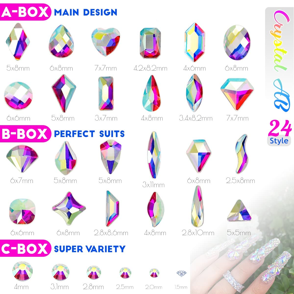3 Boxes AB Crystal Nail Rhinestones 240 Multi-Shapes White AB Big Gems K9 Glass Flatback Round Beads Crystals Stones Nail Art Charms for Nails Face Eyes Makeup Crafts DIY Tumblers Bottles Shoes
