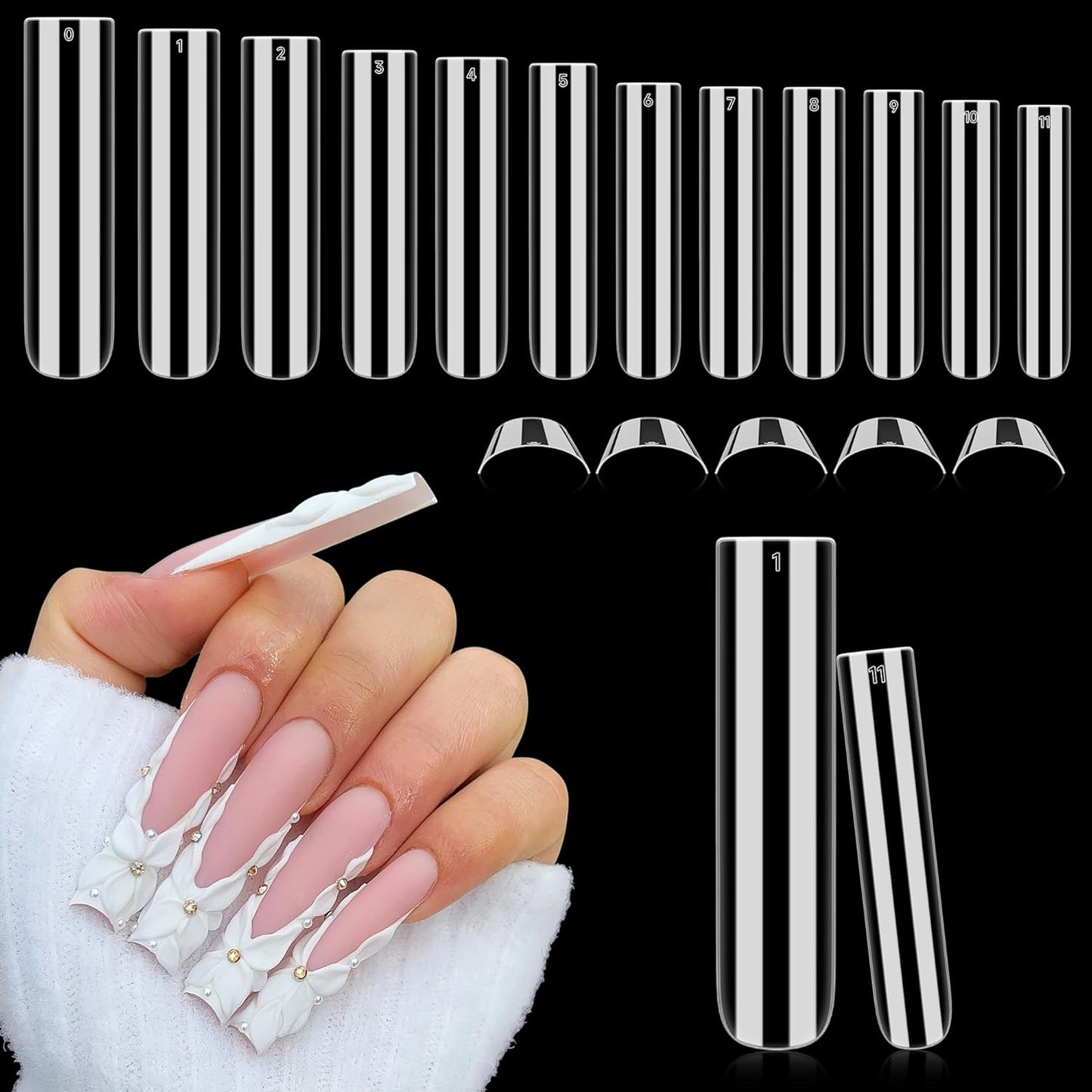 Tapered Square Nail Tips, XXL 240Pcs 12 Sizes Full Cover Fake Nails Extra Long Straight Nail Tips No C Curve Gel Nails Clear Gel Nails Tips Nail Extension for DIY Nail Art