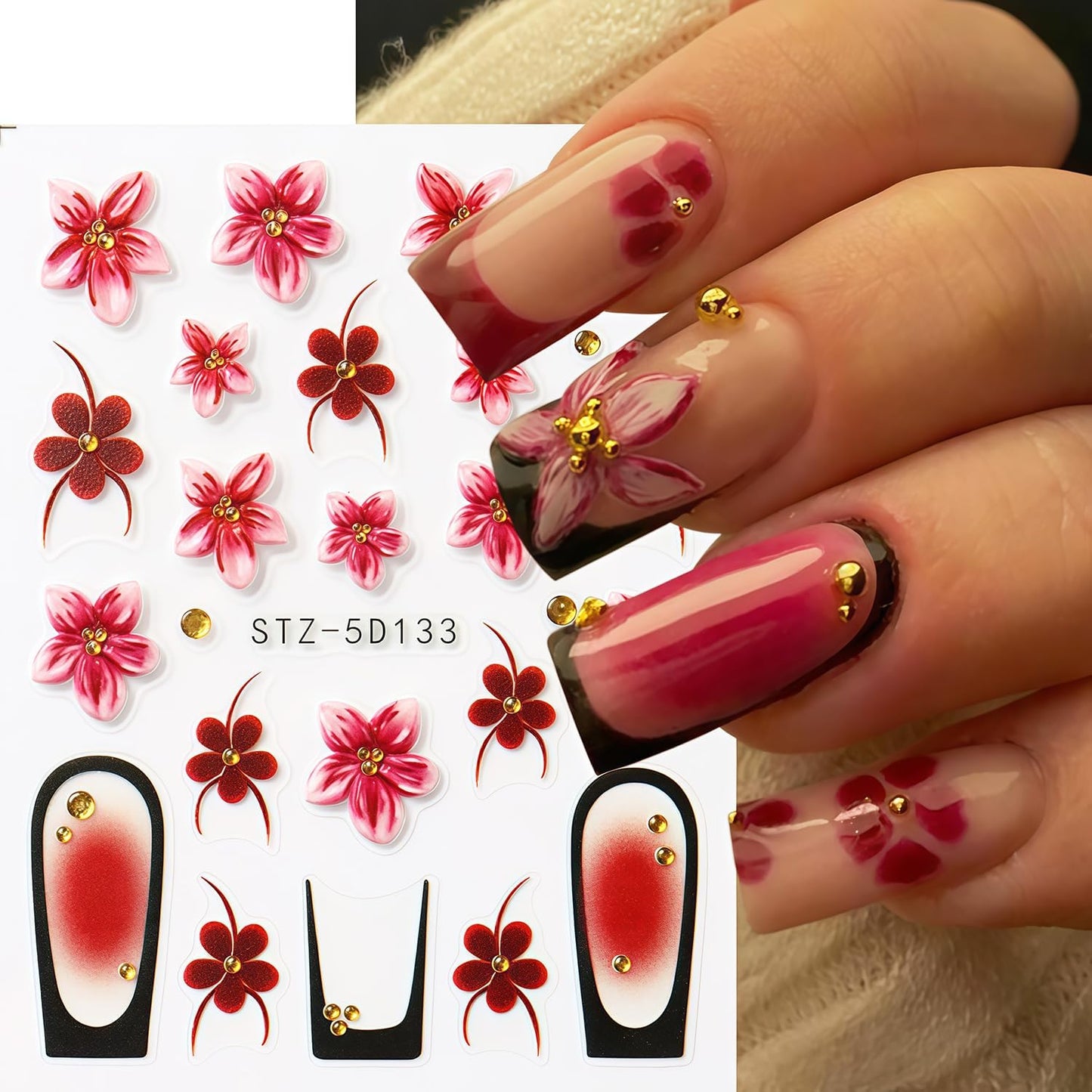 Flowers Nail Art Stickers Decals 5D Embossed Self-Adhesive Summer Flowers Nail Stickers French Tip Design Nail Decals Spring and Summer Flower Sticker for Women DIY Manicure Decoration Supplies