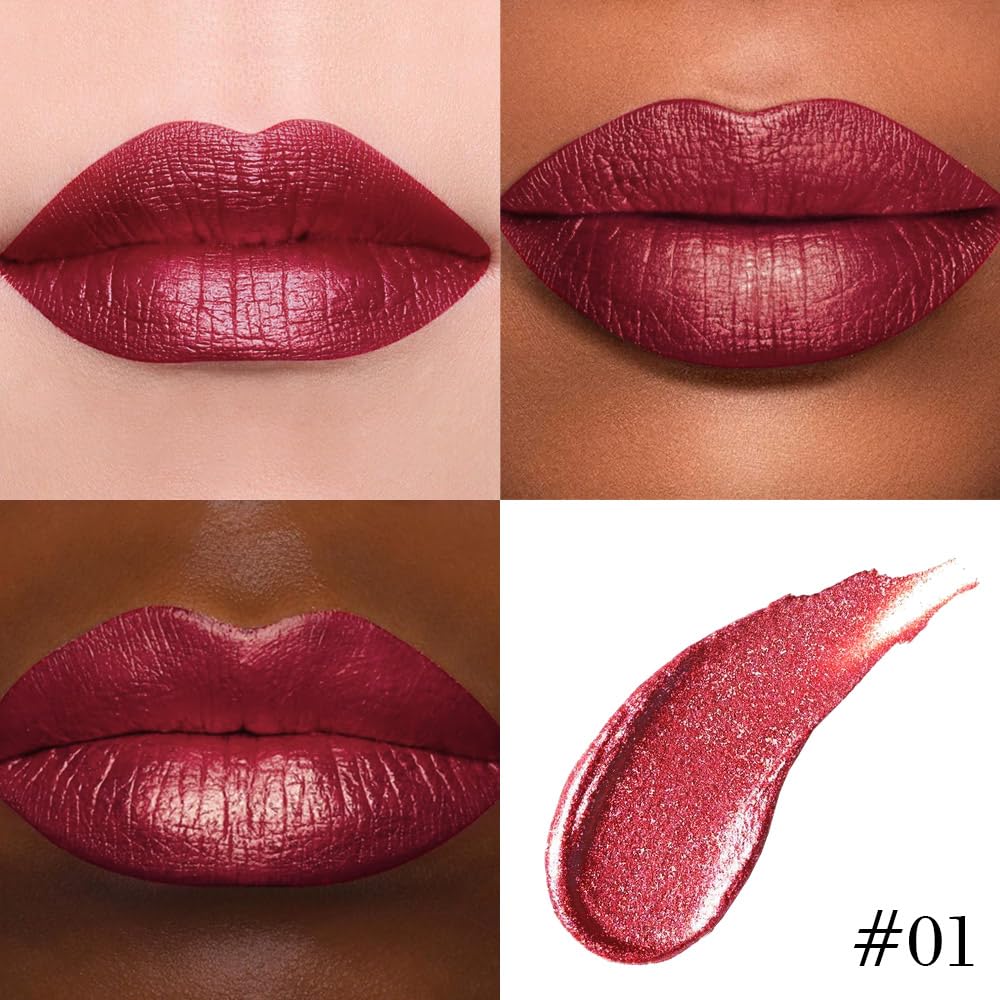 Kaely 2-in-1 Dark Red Metallic Lipstick and Lip Liner, Shimmer Liquid Metallic Lipsticks for Women, Glitter Lip Gloss Stain Long Lasting Waterproof Smudge Proof 24 Hour, Vegan Makeup, 01