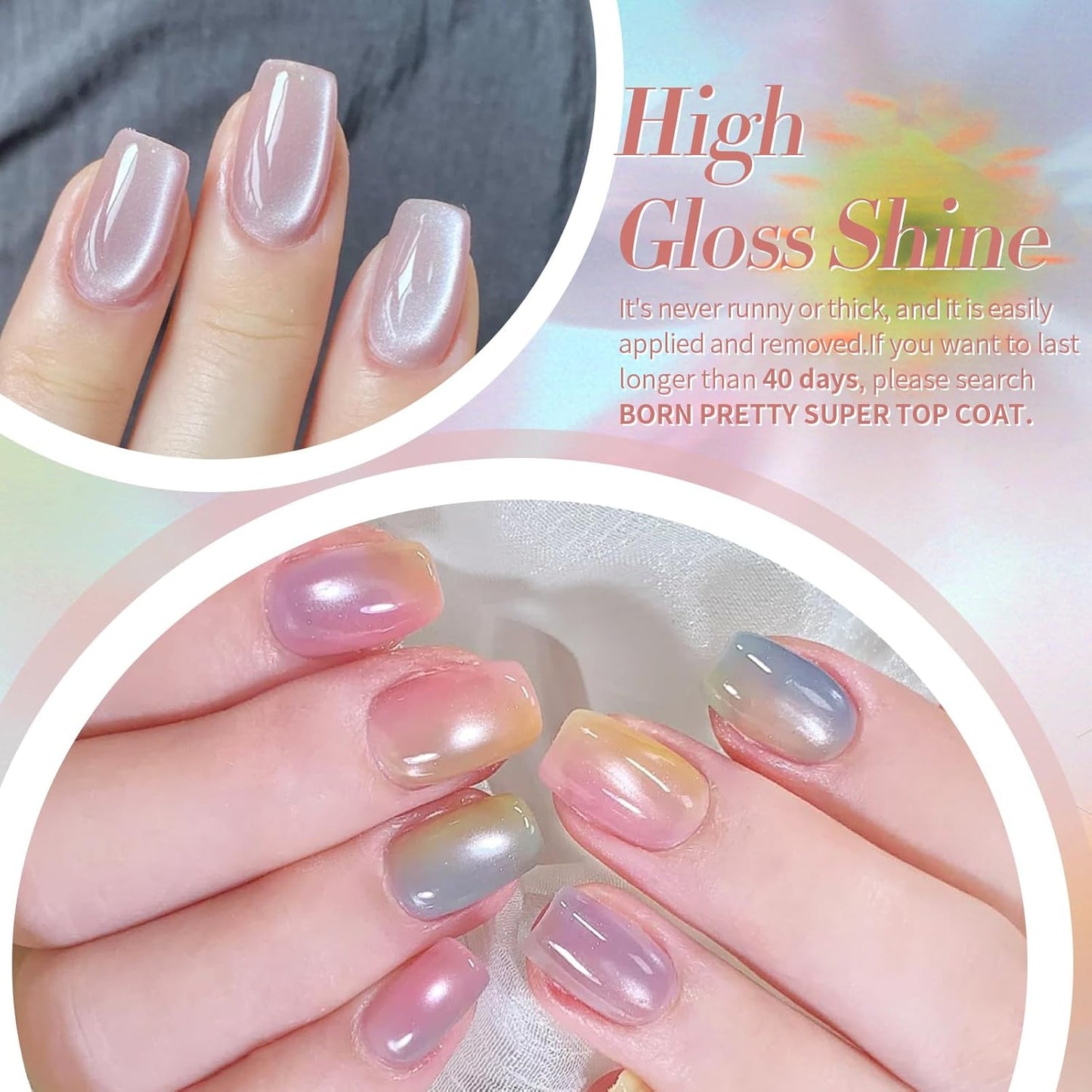 Born Pretty Magnetic Gel Nail Polish Water Light Magnetic Eye Gel Jelly Glass Crystal Glitter Shimmer Auroras Magnetic Gel Nail Art Manicure Kit 6PCS