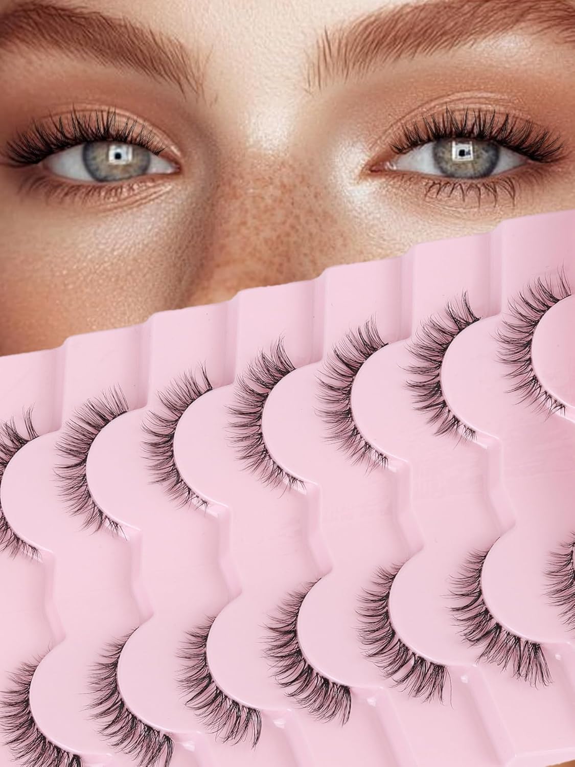 Cat Eyelashes Wispy False Eyelashes Natural 12mm Short Lashes with Thin Band Fake Eyelash 3D Volume Strip Lashes Siligli Eyelash Pack 7 Pair