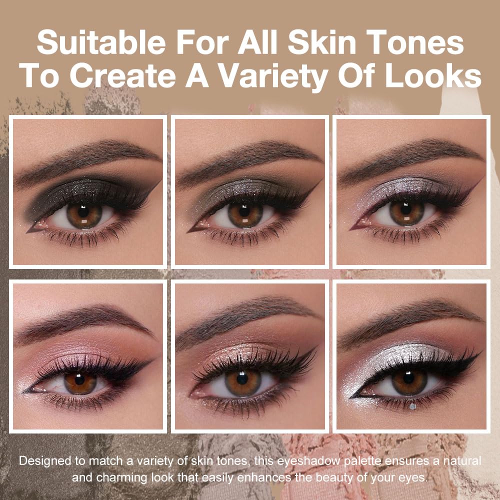 6 Colors Travel Eye Shadow Palette Makeup, Black Dark Smoky Grey Nude Pink Rose Champagne Gold Pearl White Sparkly Shimmer Glitter High Pigment Mini Eyeshadow Palette for Older Women, Built in Mirror