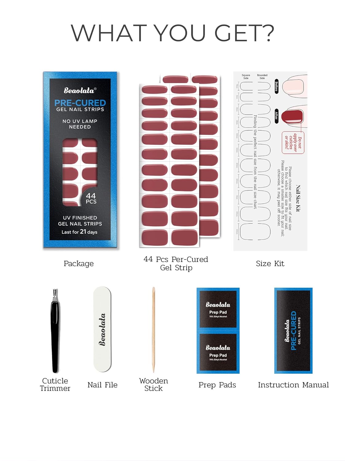 Pre Cured Gel Nail Strips - 44PCS Salon Quality Gel Nail Stickers - Long Lasting Polish Wraps for Women no UV Light Needed Easy Apply& Remove (Oxblood Brown）