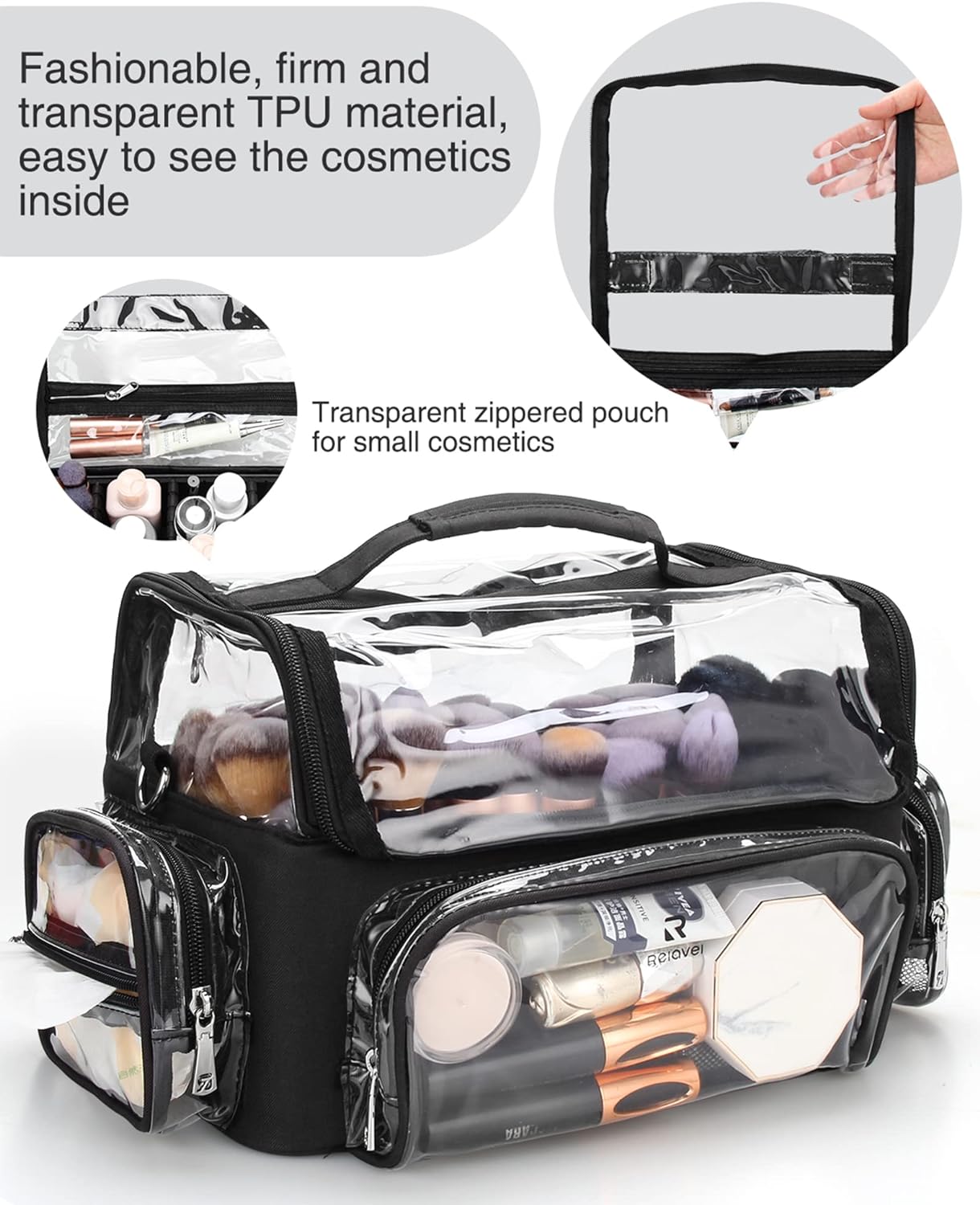 Makeup Brush Bag, Makeup Brush Case for Makeup Artist with Plastic Dividers Washable, Portable Travel Makeup Train Case with Clear Waterproof Cover for Easy to Clean and Find with Adjustable Strap