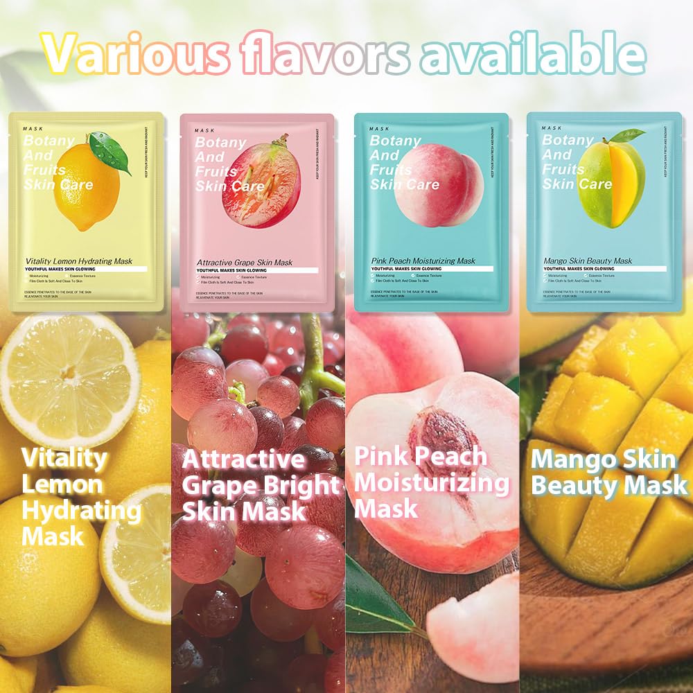 12 Pack Various Fruits Face Sheet Mask Skincare,Hydrating Face Mask For Sensitive Skin,Moisturize,Soothing,Nourish for All Skin Types,Natural Spa Party Facial Mask Skincare Set for Women Men Girls