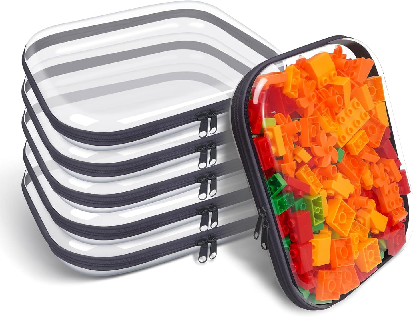 Clear Hard Plastic Zipper Case,Transparent Double Zippers Hard Pouch with 6pcs,Portable Travel Organizer Bin for Toy Storage