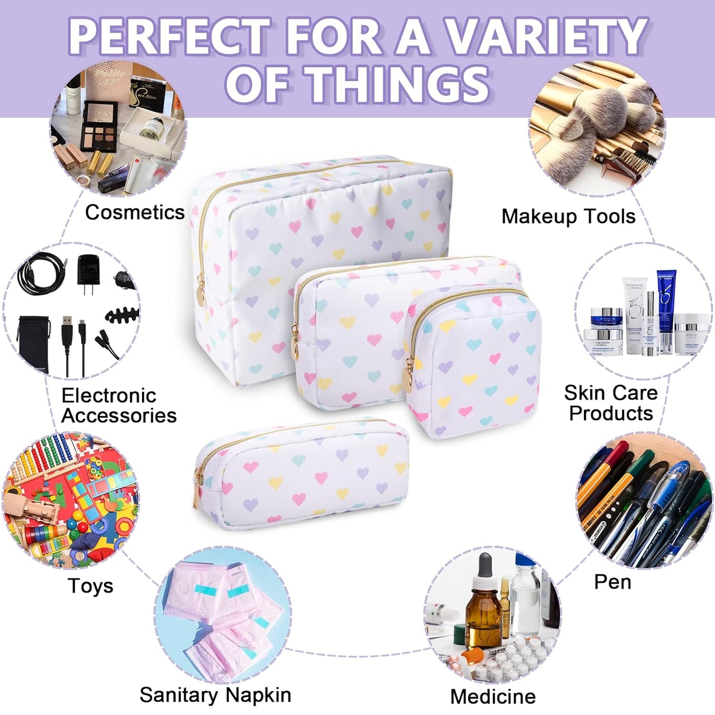 Small Pencil Case Makeup Bag for Purse, Cute Pencil Pouch Nylon Preppy Makeup Brush Bag with Zipper, Girls Portable Stationery Storage Case for Office School College(Slim-White Heart)
