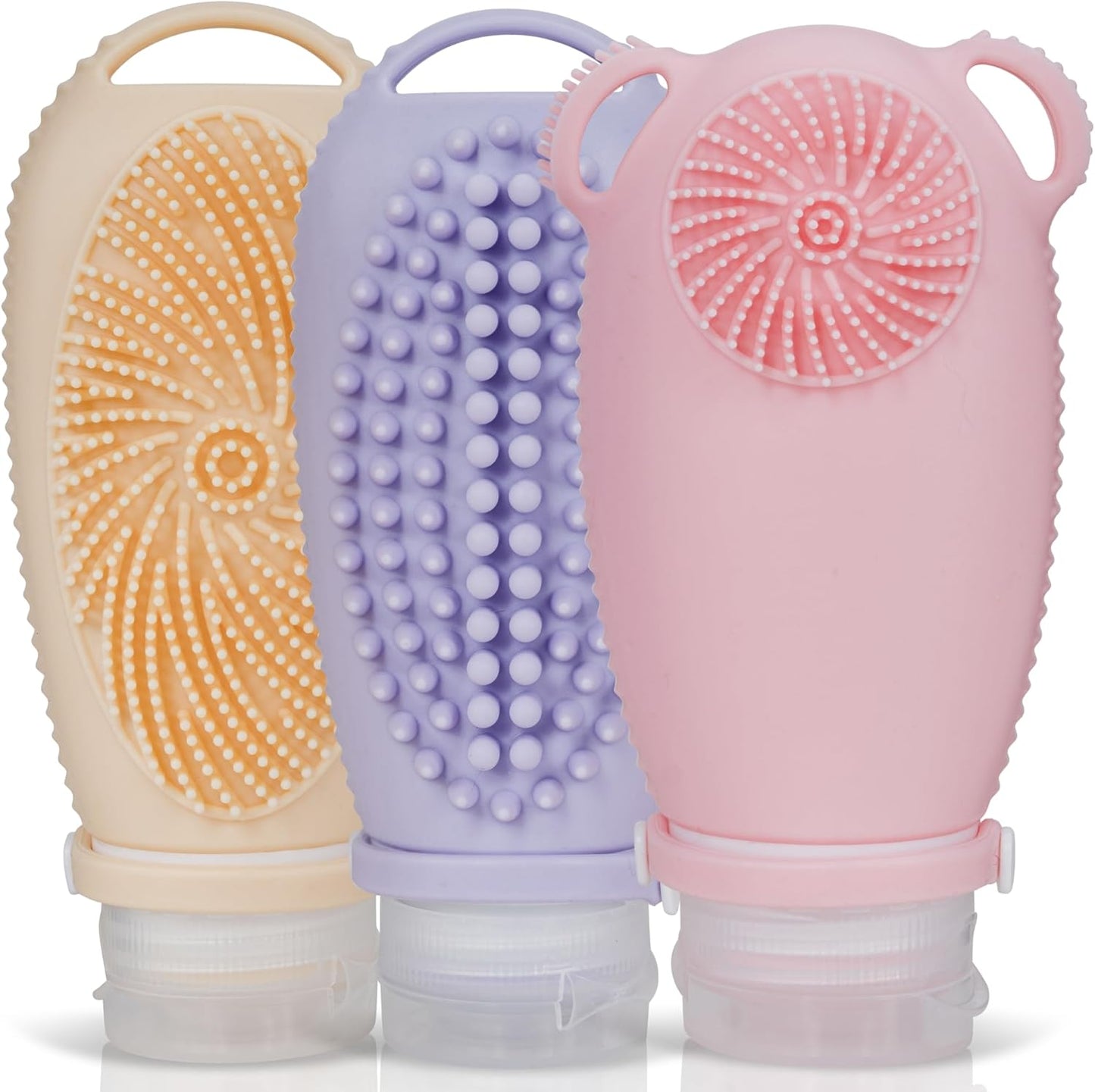 Sumina Silicone Travel Bottles 3 Pack (3.4oz) – TSA-Approved Leak-Proof Toiletry Containers with 2-in-1 Built-In Exfoliating Scrubber – Refillable for Travel, Gym & Skincare