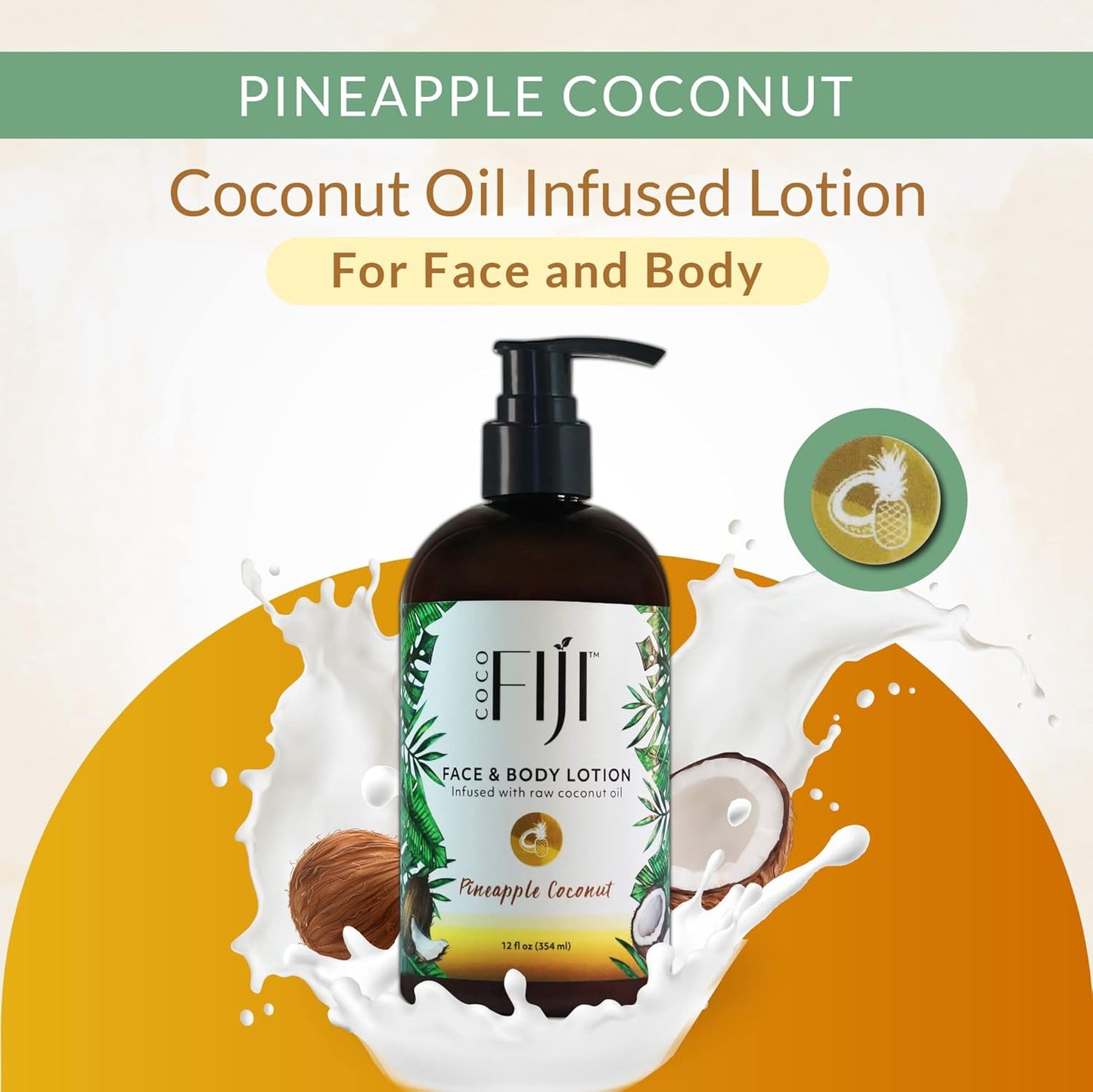 Coco Fiji Face & Body Lotion Infused With Coconut Oil | Lotion for Dry Skin | Moisturizer Face Cream & Massage Lotion for Women & Men | Pineapple Coconut 12 oz, Pack of 1