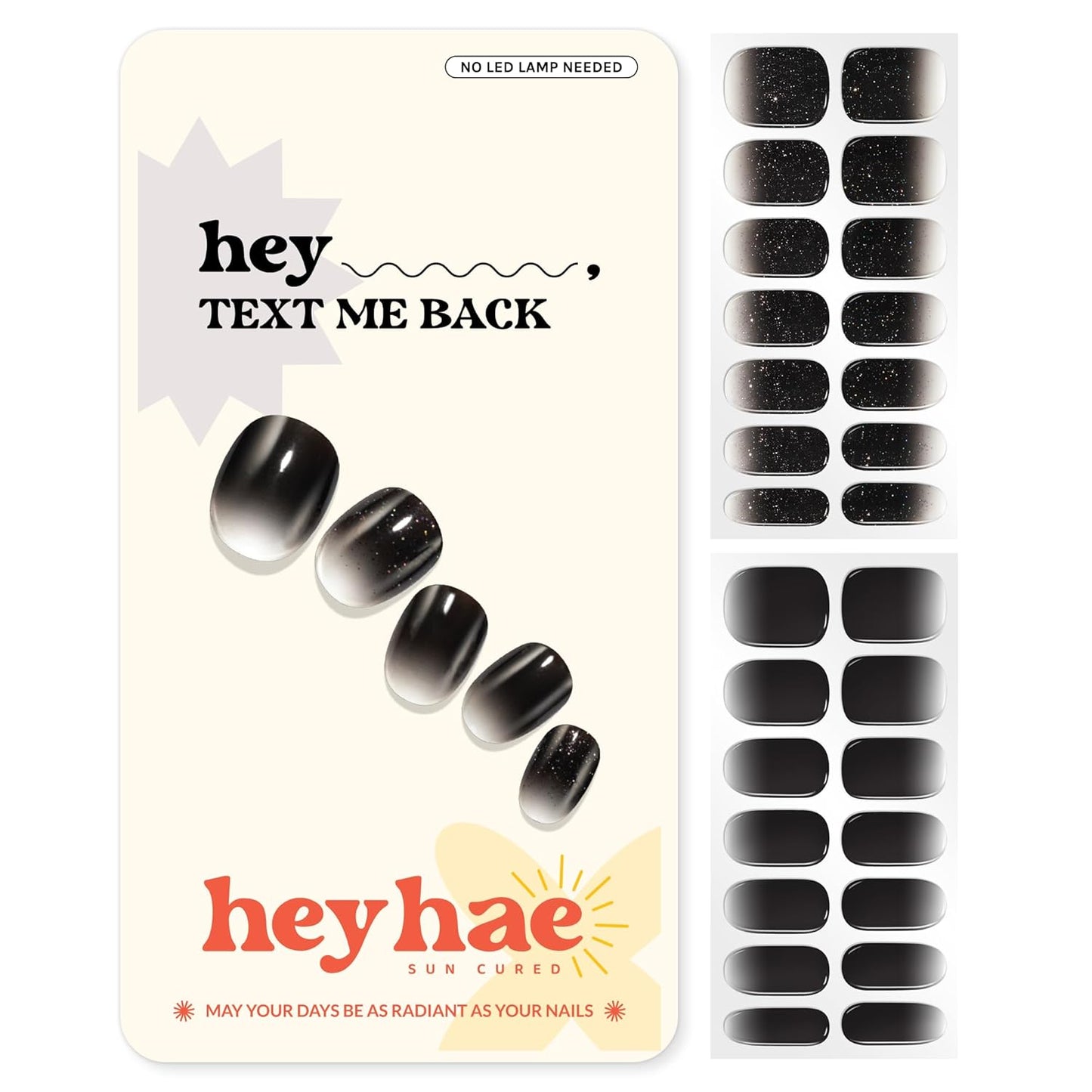 Semi Cured Gel Nail Strips | No LED Lamp Needed | Ombre, Black | Easy Apply & Remove, Salon Quality | Includes 28 Strips, 1 Prep Pads, Nail File & Wooden Stick - Hey, Text Me Back