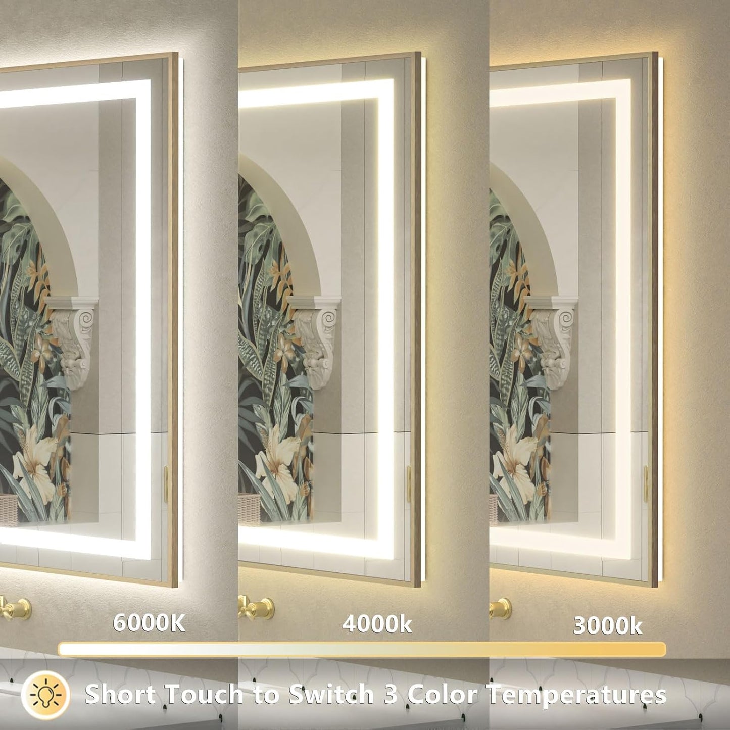 OKPAL 60x40 LED Bathroom Mirror Gold Metal Framed Front Light & Backlit, Lighted Vanity Mirror, Anti-Fog, Dimmable, 3 Colors, Shatterproof, ETL Listed, Horizontal/Vertical
