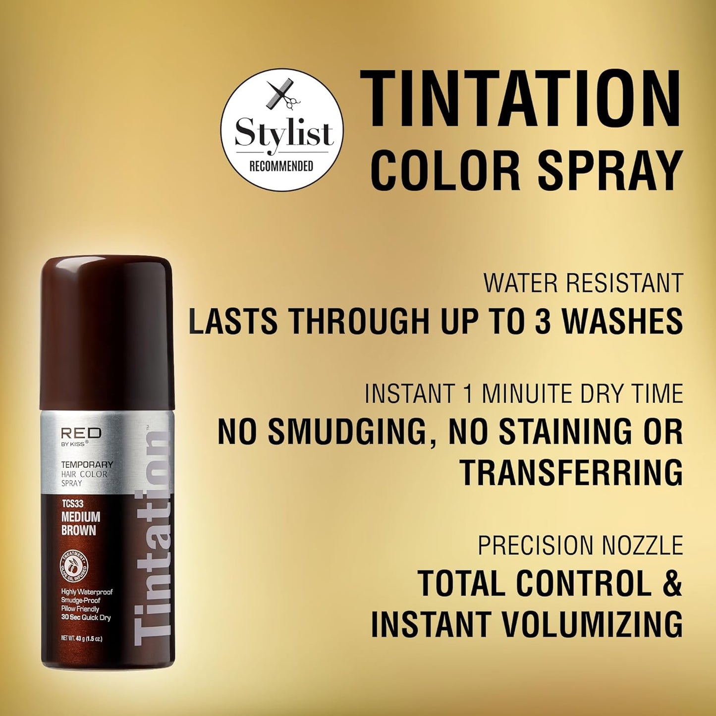 RED by Kiss 1.5OZ. Tintation Temporary Hair Color Spray, Instant Gray Root Cover Up, Water-Resistant, Smudge-Proof, Hairline & Barber Touch-Up, Quick Dry, Travel Size Spray (Medium Brown)